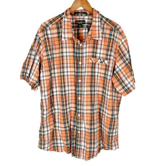 Eddie Bauer XXL Mens Plaid Shirt FALL COLORS Orange Brown Beige - Picture 1 of 5